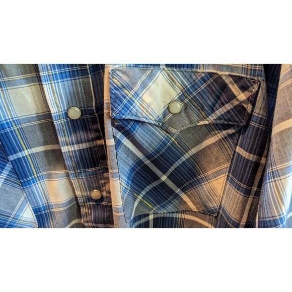 VTG Saddle King Western Shirt Short Sleeve Pearl Snaps Blue and Gray Plaid XL - Picture 4 of 4